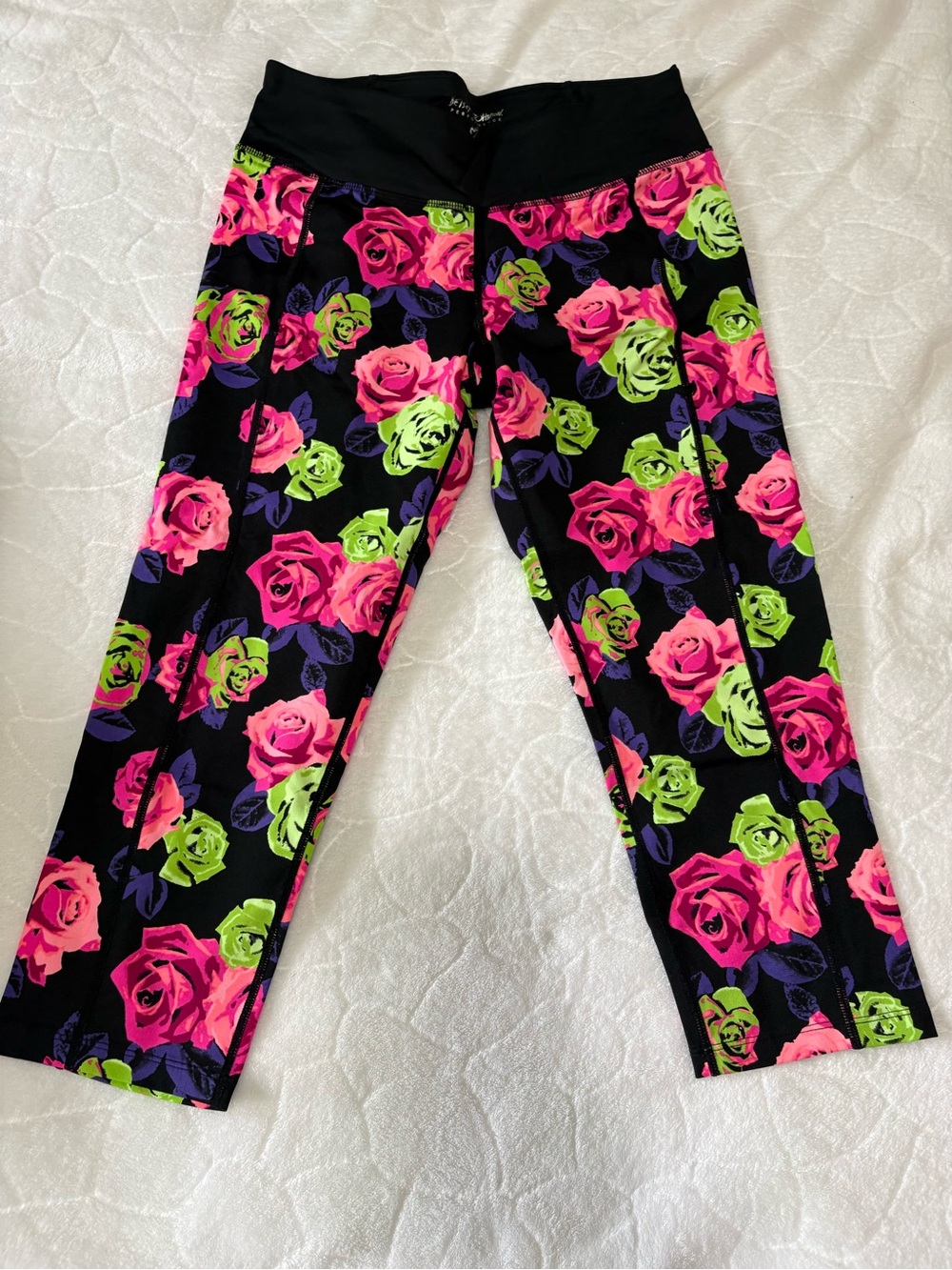 Betsey Johnson Kids Floral Capri Leggings - Neon Pink, Lime & Purple on Black